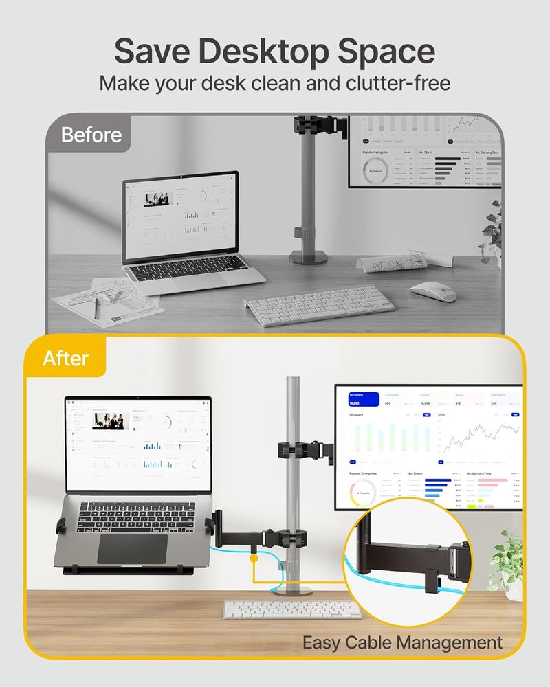 Montek 2-in-1 Universal Laptop Pole Mount Tray for 10”- 15.6” Notebook or 17”-32” Monitor, Full Motion Laptop Mount with Removable 75/100mm VESA Plate, Fits 1.1”-2.4” Pole Diameter, Black - Image 5